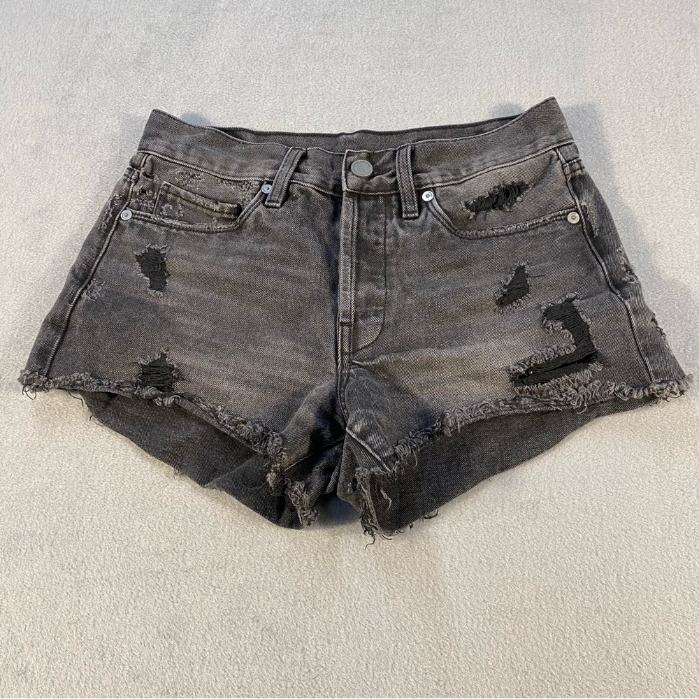 Blank NYC Women’s Black/Charcoal Distressed Denim Shorts, size 25